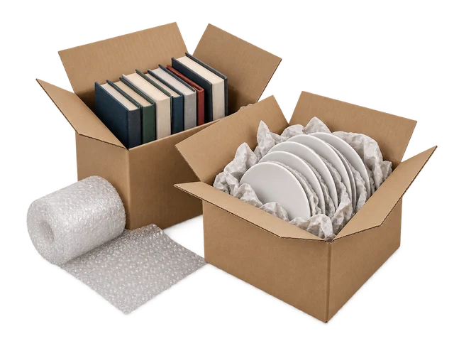 Bücher und gepolstertes Geschirr in Kartons – Produktillustration