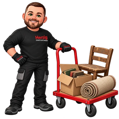 Herzig-Maskottchen mit Transportwagen und Hausrat – Illustration