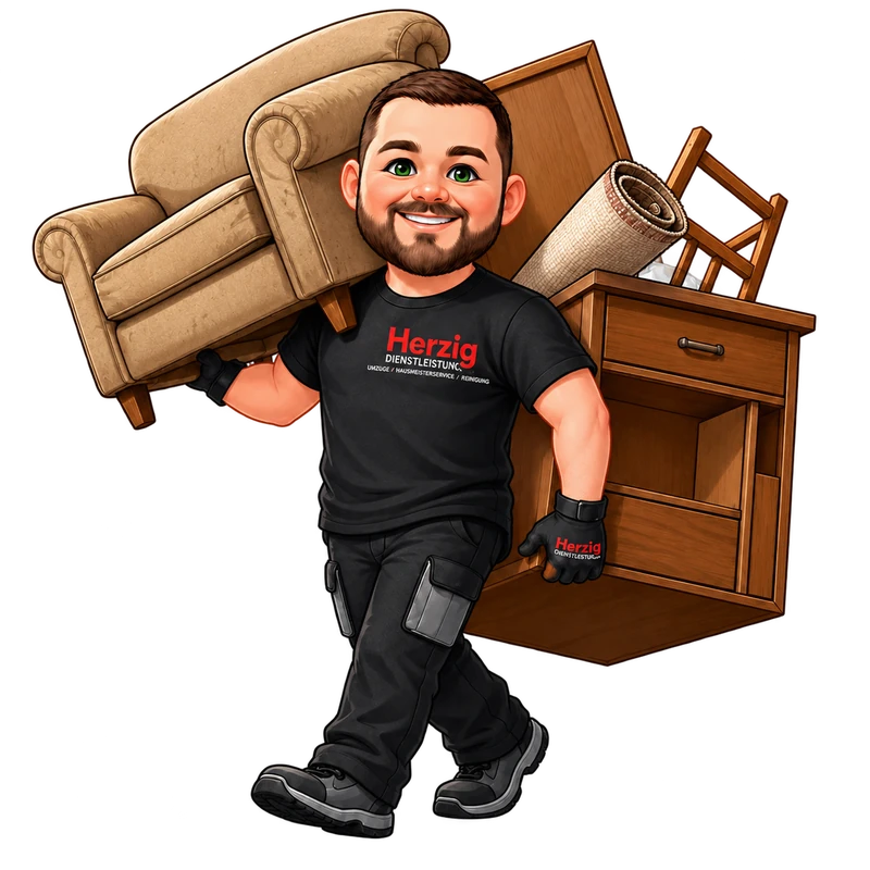 Entrümpelung in Wiesmoor: Maskottchen mit Sofa und Schrank, Illustration