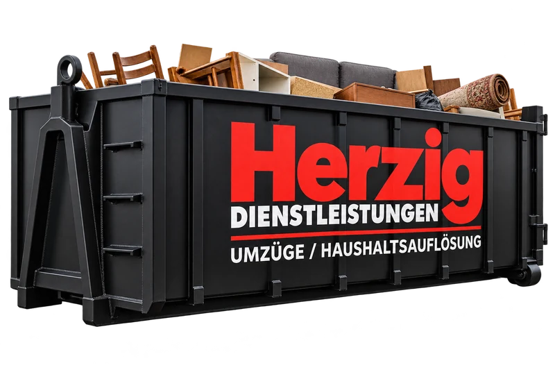 Werbeillustration: schwarzer 40-m³-Abrollcontainer mit Herzig-Logo und Sperrmüll
