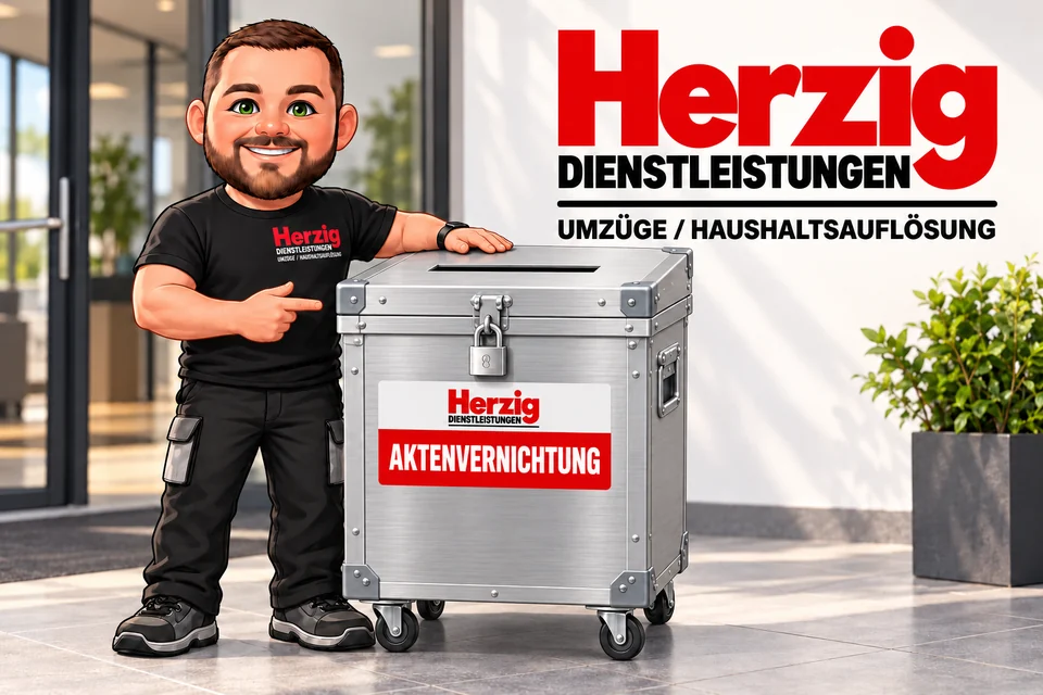 Gestaltete Illustration: Herzig-Maskottchen neben einem verschlossenen Aluminium-Sammelbehälter mit Einwurfschlitz, Schloss und Aufschrift Aktenvernichtung – Herzig Dienstleistungen, Wiesmoor.