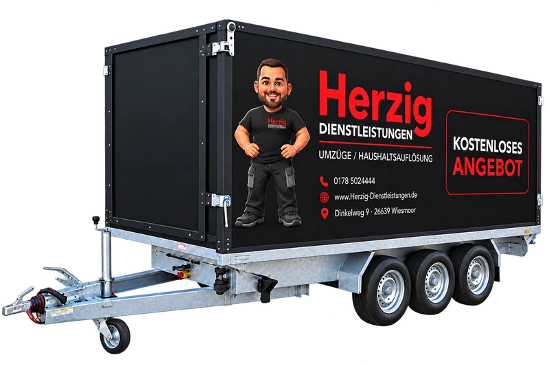 Dreiseitenkipper mit Herzig-Werbung für Haushaltsauflösungen in Wiesmoor