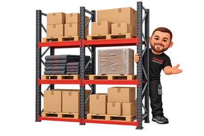 Herzig-Maskottchen am Hochregal mit verpackten Möbeln und Kartons – Illustration