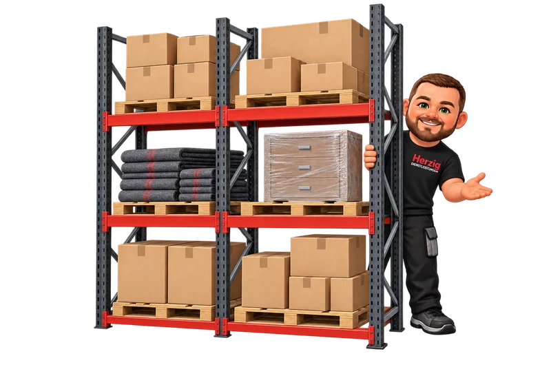 Illustration: Herzig-Maskottchen hinter einem Lagerregal mit Kartons, Möbeldecken und einer verpackten Kommode