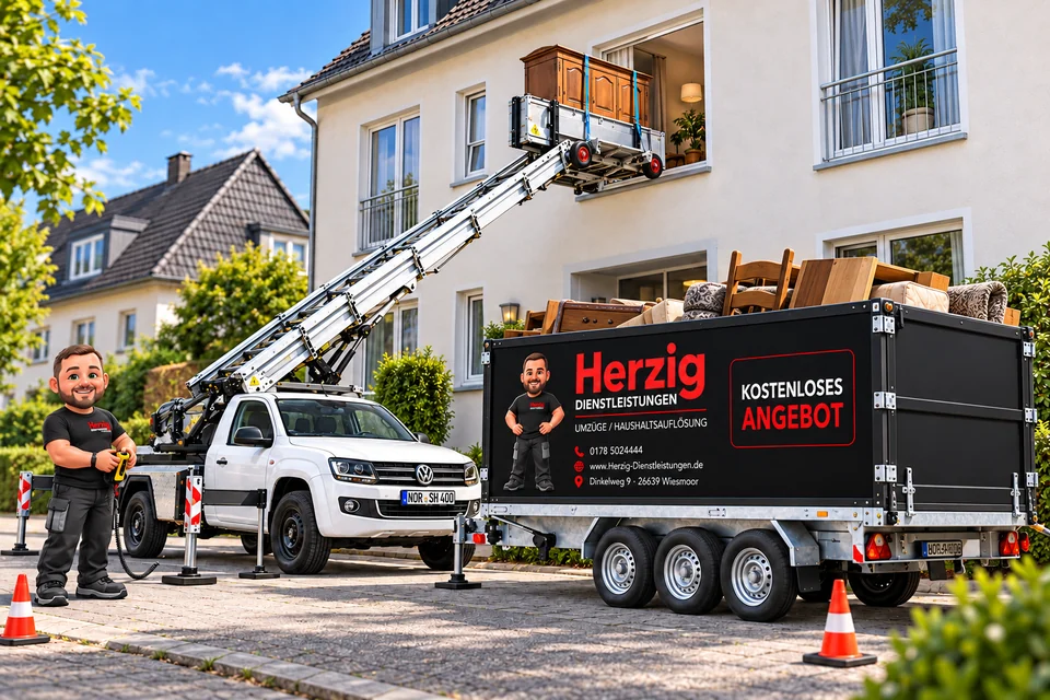 Haushaltsauflösung mit Möbellift und Dreiseitenkipper – Herzig Dienstleistungen, Wiesmoor Herzig-Maskottchen am Möbellift neben einem schwarzen Dreiseitenkipper mit Firmenaufschrift; Sperrmüll ragt oben heraus, das Heck ist geschlossen. Gestaltete Illustration von Herzig Dienstleistungen aus Wiesmoor.