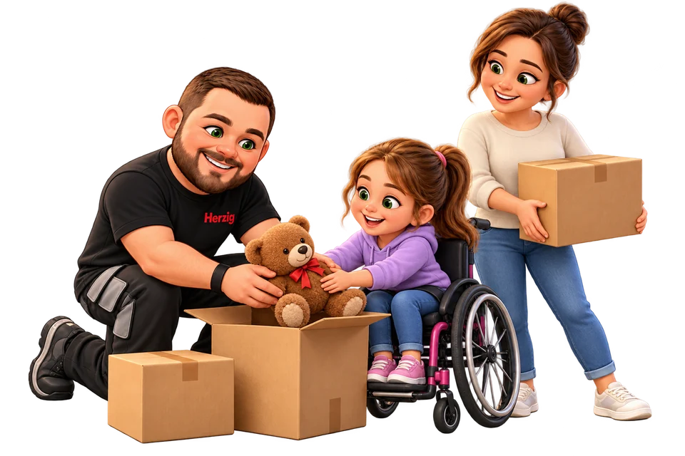 Herzig-Maskottchen packt gemeinsam mit einem Kind im Rollstuhl und seiner Mutter einen Teddybären für den Umzug ein – Illustration.