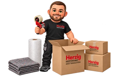 Herzig-Maskottchen mit Umzugskartons und Verpackungsmaterial – Illustration