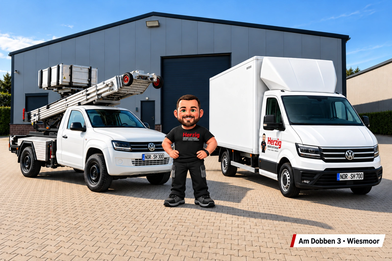 Herzig-Maskottchen mit weißem VW Crafter und Möbellift vor der Lagerhalle in Wiesmoor – Illustration