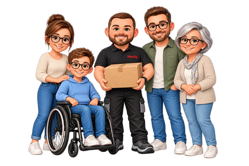 Herzig-Maskottchen mit einer Familie, einem Kind im Rollstuhl und einer älteren Frau – Illustration für Umzüge mit Pflegegrad in jedem Alter