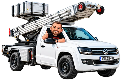 Weißer VW Amarok mit Möbellift und Herzig-Maskottchen – freigestellte Illustration