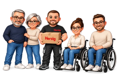 Herzig-Maskottchen mit Menschen verschiedener Altersgruppen, darunter zwei Rollstuhlnutzer – Illustration