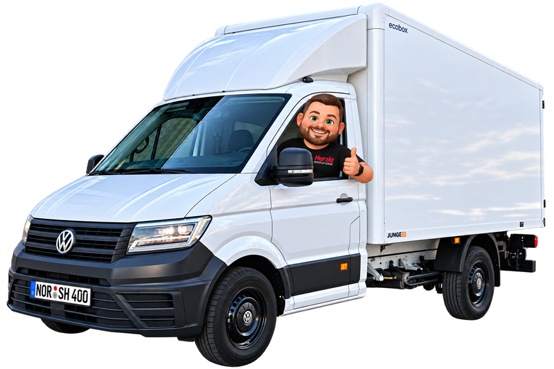 Weißer VW Crafter mit Kofferaufbau und Herzig-Maskottchen für Umzüge aus Wiesmoor