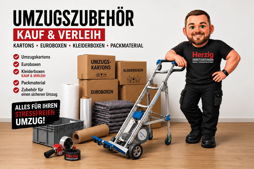 Herzig-Maskottchen mit Sackkarre, Umzugskartons, Eurobox, Möbeldecken und Packmaterial – Umzugszubehör in Wiesmoor